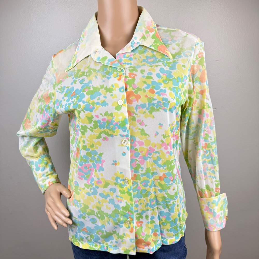 Vintage 80's Land in Sea Sheer Floral‎ Nylon Blouse XL – Pastel Button Front USA